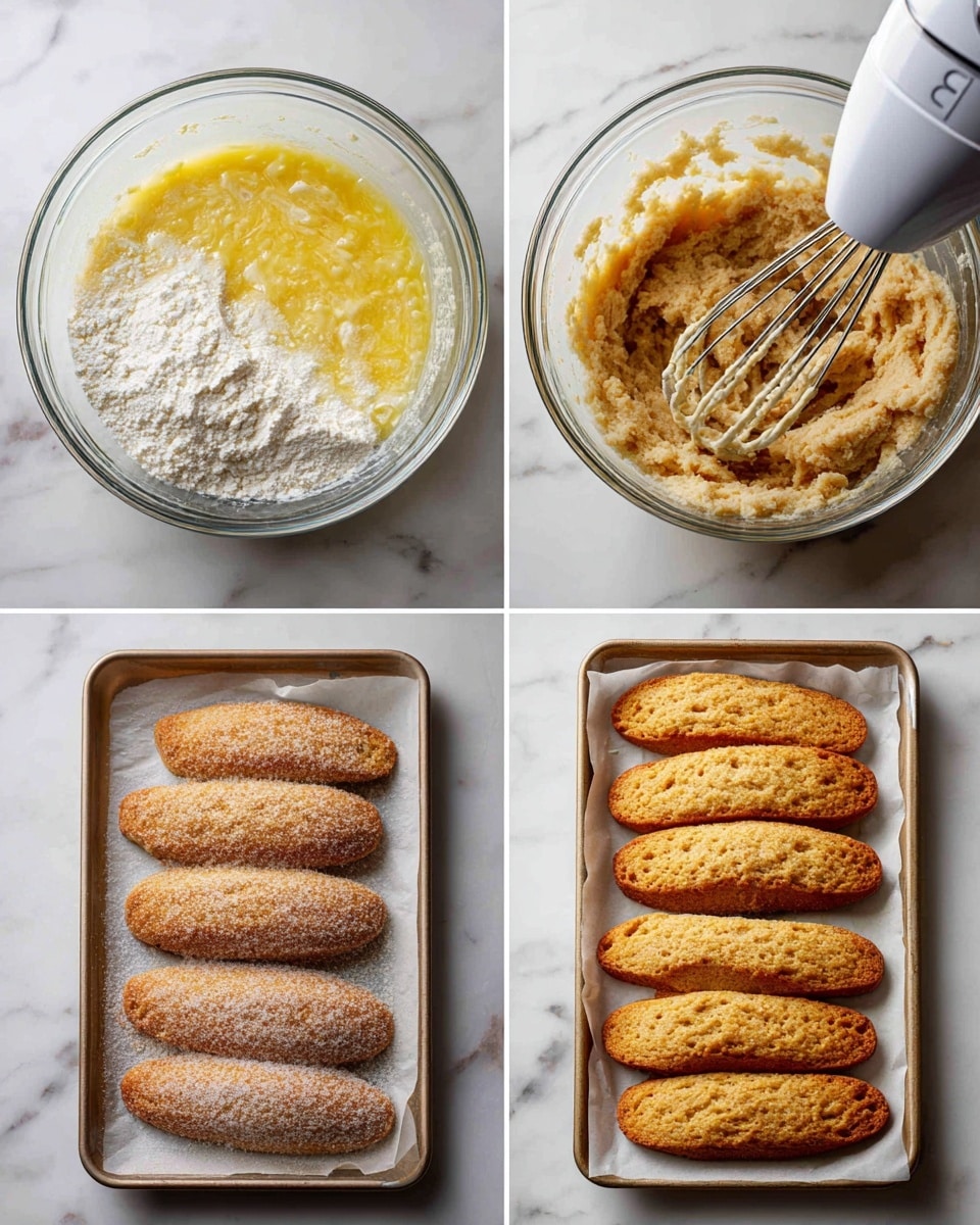The image shows a four-step baking process arranged in a grid. Step 1 features a clear glass bowl with a mixture of white flour on top of a wet yellow batter, with a white electric mixer partially submerged in the mix, all placed on a white marbled surface. Step 2 shows the same bowl filled with a light brown dough, being mixed by the white electric mixer, with bits clinging to the sides. Step 3 displays two long, oval-shaped dough pieces dusted with sugar, laid on a parchment-lined baking sheet, set on the white marbled surface. Step 4 has evenly spaced, golden brown biscotti slices arranged on a parchment-lined rectangular baking tray above the same white marbled surface. Photo taken with an iphone --ar 4:5 --v 7