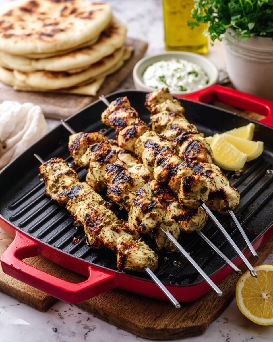 The image shows six metal skewers with grilled chicken cubes that are light golden with dark grill marks, stacked on a red cast iron grill pan with ridges, placed on a wooden surface. To the back left, there are two round pieces of flatbread stacked on each other. Behind the pan, a small white bowl with a creamy white herb sauce sits next to a green leafy herb plant in a white pot and a glass bottle of olive oil. Two lemon wedges rest on the right side of the pan. The setting is bright with a white marbled surface lightly visible, giving a fresh and clean look. photo taken with an iphone --ar 4:5 --v 7