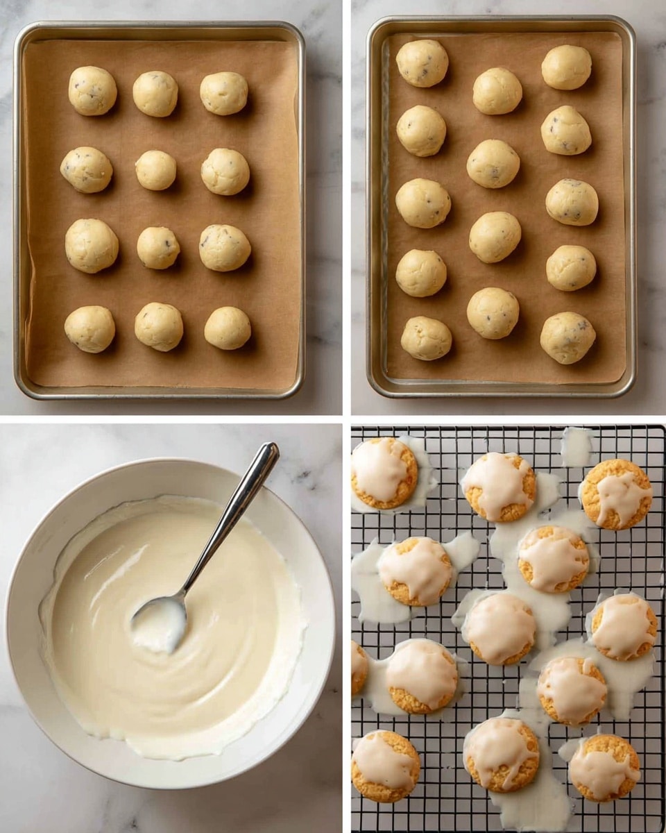 The image shows four steps of a baking process on a white marbled texture. In the top left, there are small round dough balls placed evenly on brown baking paper on a metal tray in a 4 by 4 grid. The top right shows the same balls slightly larger and spread out on the same baking paper and tray, now more puffed and baked with a light golden color. The bottom left is a close-up of a white bowl filled with smooth white icing, with a spoon resting inside. The bottom right image shows baked cookies on a metal cooling rack covered with a shiny white glaze, appearing smooth and glossy. photo taken with an iphone --ar 4:5 --v 7