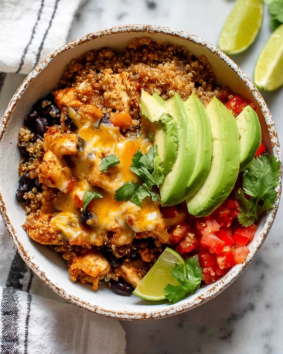 A white bowl with rustic chips on edges holds a layered dish starting with cooked quinoa mixed with black beans, giving a light brown and black base. On top, there are brown chunks of cooked chicken with melted pale yellow cheese stretching slightly over the quinoa. Bright red diced tomatoes add a fresh contrast near one side, while the middle is decorated with three green avocado slices with tiny bits of purple onion. A small bright green lime wedge and a few green cilantro leaves sit on the edge. The bowl rests on a white marbled surface with part of a cloth visible. photo taken with an iphone --ar 4:5 --v 7