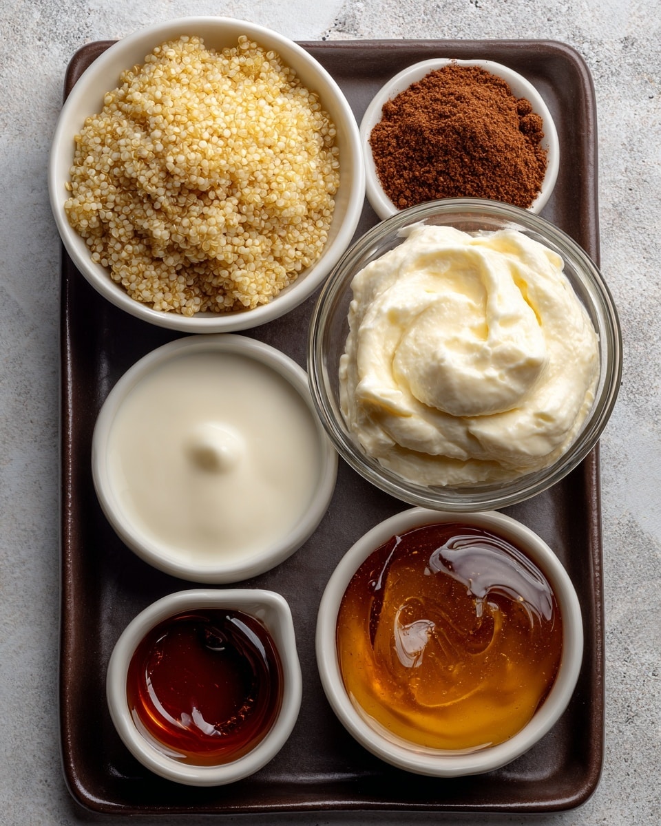 The image shows six small white bowls and cups arranged on a dark tray with a white marbled texture background. The top left bowl contains pale yellow quinoa grains with a slightly rough texture. To its right is a glass bowl holding a dollop of creamy white mascarpone, smooth and soft in texture. In the center is a small white bowl filled with smooth, white milk. At the bottom left is a tiny white cup with amber-colored vanilla liquid, clear and shiny. Next to it is a small white bowl with a heap of brown cinnamon powder, fine and dry. On the bottom right is a small glass bowl filled with golden maple syrup, shiny and thick liquid. The setup is neat with clear labeling on each bowl. Photo taken with an iphone --ar 4:5 --v 7