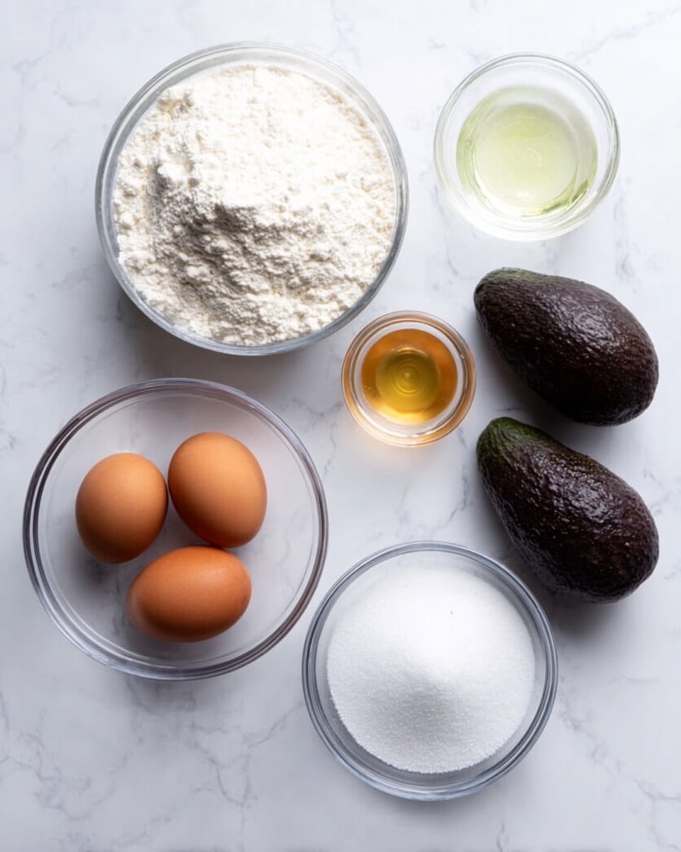 The image shows six glass bowls on a white marbled surface, each containing different ingredients. The largest bowl is at the top left, filled with white flour that looks powdery and soft. Below it to the left is a smaller bowl with three light brown eggs, smooth and oval-shaped. To the right of the eggs is a medium bowl filled with white granulated sugar, shiny and grainy. Above the sugar bowl is a very small bowl with a small amount of light brown liquid, smooth in texture. To the right of that is another small bowl with a pinch of white powder, fine and soft. On the far right side, there are two whole avocados, dark green with a rough texture. All items are resting on the clean white marbled surface, arranged neatly with bright natural light. photo taken with an iphone --ar 4:5 --v 7