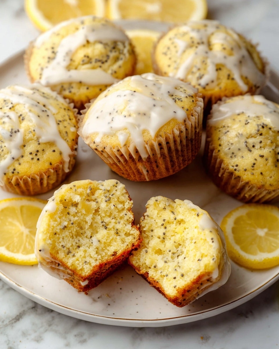A white plate holds seven small yellow lemon poppy seed muffins with white glaze drizzled on top. One muffin is open, showing two soft, crumbly yellow halves with little black poppy seeds inside. Around the muffins are three bright yellow lemon slices, filling the space on the white marbled surface underneath. The glaze is lightly dripping off the muffins onto the plate. Photo taken with an iphone --ar 4:5 --v 7