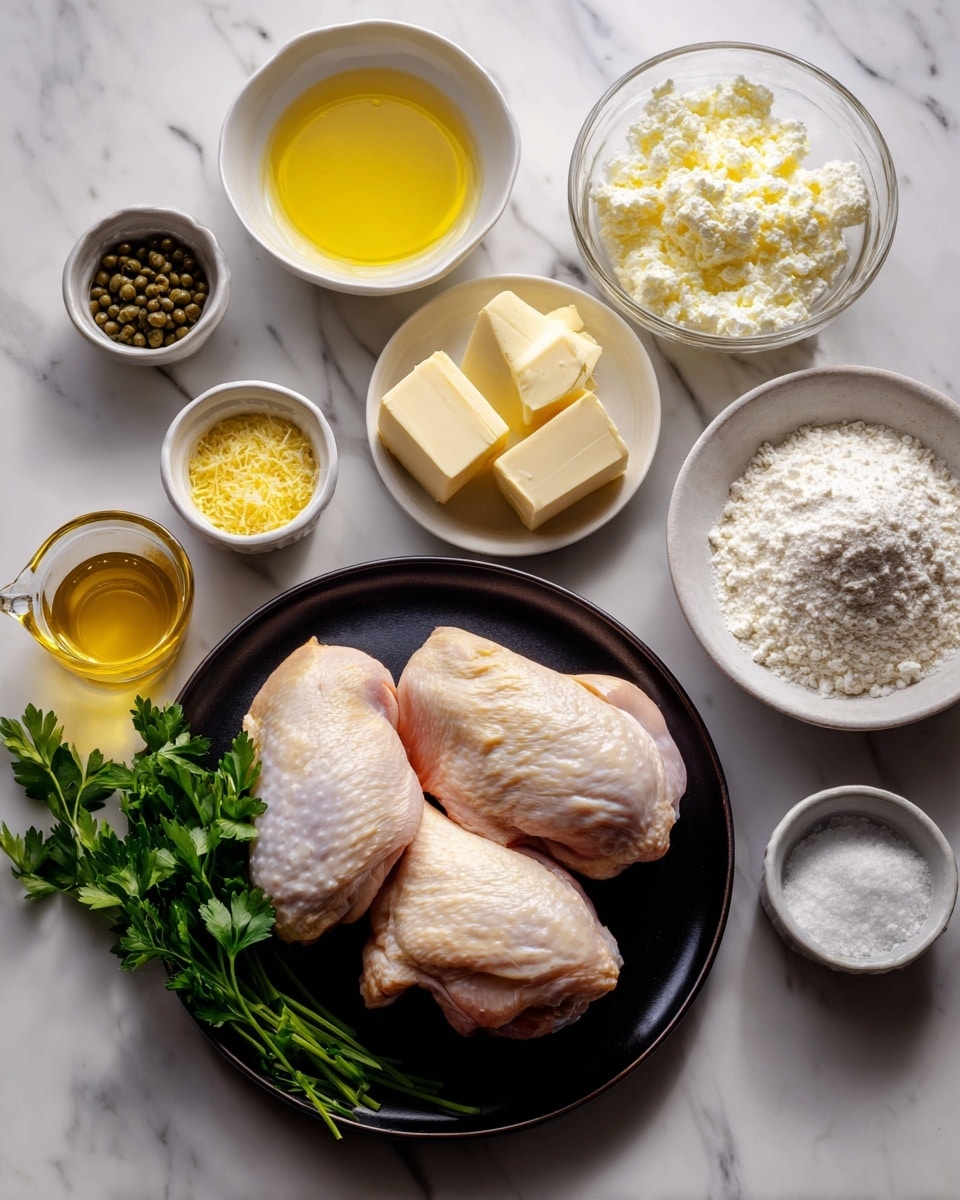 The image shows a top view of ingredients arranged neatly on a white marbled surface. There is a black plate on the right with two raw chicken pieces on one side and a small pile of white flour on the other. Around the plate are small white bowls and clear measuring cups holding various items: capers in a small white bowl, a small white bowl with lemon zest, a small white bowl with garlic powder, a small white bowl with lemon juice, a clear measuring cup with golden olive oil, a clear measuring cup with light yellow heavy cream, and a small white plate with two pieces of butter. Fresh green parsley sprigs are placed near the butter on the surface. A woman's hand is gently holding the black plate. Photo taken with an iphone --ar 4:5 --v 7