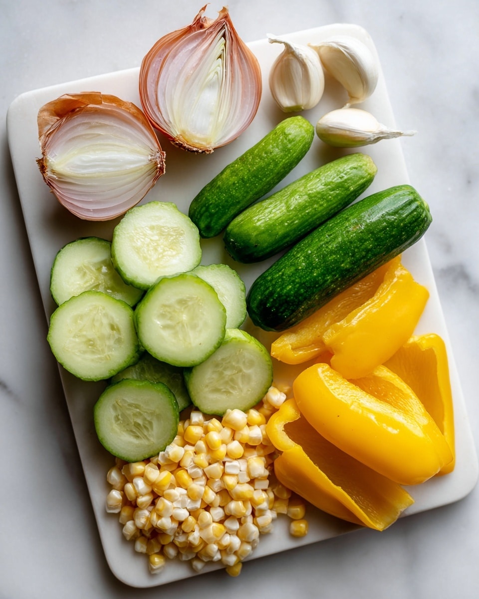 A white cutting board on a white marbled surface holds several fresh vegetables neatly arranged. At the top left are two halved shallots with pale purple skin and white inner layers. To the right of them are two whole garlic cloves with smooth, light cream skin. Below the shallots are two pale green cucumber pieces with a slightly shiny texture and visible inner seeds. Next to the cucumber pieces are two pieces of bright yellow bell pepper, showing their smooth surfaces. At the bottom of the board, there is a small heap of yellow and white corn kernels, loosely piled and showing their round shape and glossy texture. Photo taken with an iphone --ar 4:5 --v 7