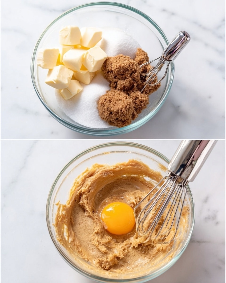 The image shows two clear glass bowls on a white marbled surface. The left bowl contains chunks of pale butter, white sugar, light brown peanut butter, and brown sugar, with a metal hand mixer placed inside it. The right bowl displays a creamy light brown mixture with the metal beaters of the hand mixer inside, and a raw egg yolk sitting on top of the mixture. The background and surface are bright with soft lighting. Photo taken with an iphone --ar 4:5 --v 7