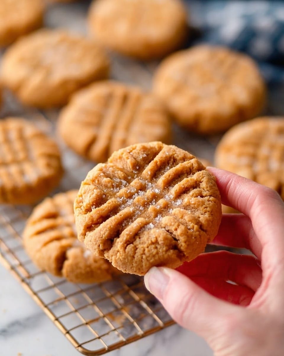 A close-up image shows a woman's hand holding a round peanut butter cookie with crisscross fork marks on top. The cookie is light brown and has a slightly crumbly texture with a bit of sugar sprinkled on it. Below the cookie, more of the same cookies rest on a metal cooling rack. The background is softly blurred with a white marbled surface visible underneath, creating a clean and bright look. Photo taken with an iphone --ar 4:5 --v 7