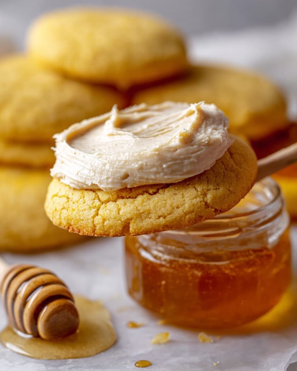 A close-up of a single yellow cookie with a soft, crumbly texture topped with a thick layer of light beige frosting spread unevenly on the top surface, held by a woman's hand above a clear glass jar filled with golden honey. The jar has a wooden honey dipper resting inside, dripping honey slightly onto the white marbled surface below. In the background, more yellow cookies are partially visible, resting on the same white marbled surface. photo taken with an iphone --ar 4:5 --v 7