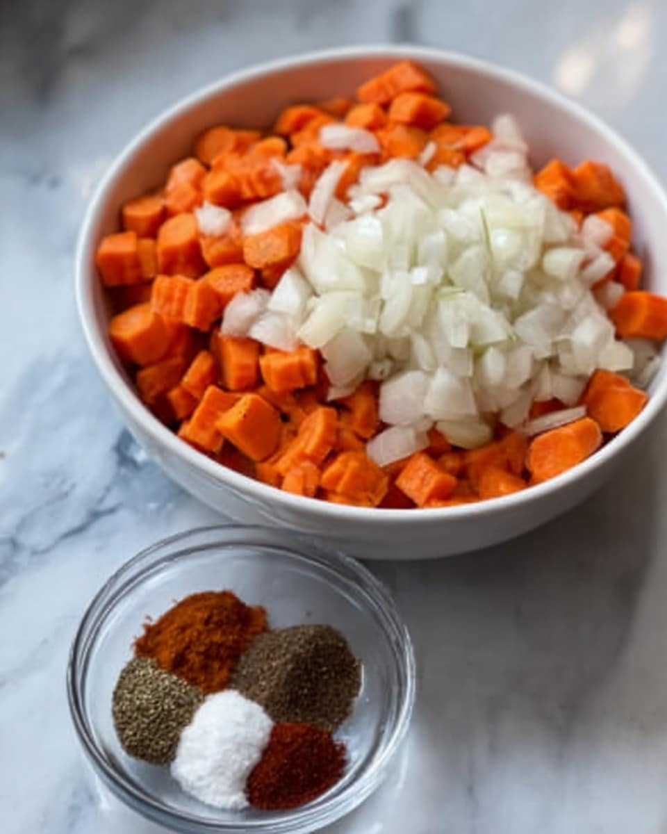 A white bowl filled with two layers of chopped vegetables, the bottom layer is bright orange carrot pieces, and the top layer is pale orange chopped onions. In front of the bowl is a small clear glass bowl containing four different spices arranged in small piles, each showing different colors: brown, black, white, and dark red. The bowls are placed on a white marbled surface. photo taken with an iphone --ar 4:5 --v 7