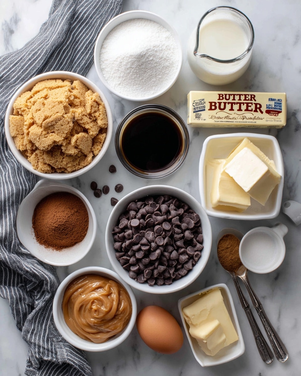 A white marbled surface holds multiple small white bowls and containers arranged neatly: a bowl filled with light brown crushed graham crackers, a bowl of powdered white sugar, a small bowl of white milk, a small bowl of dark liquid vanilla extract, a square white bowl filled with dark chocolate chips, and a clear glass pitcher with white cream. There is also a stick of butter labeled