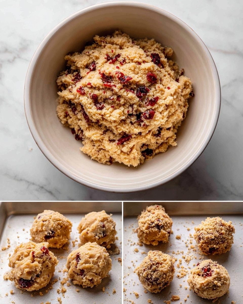 The image shows a collage of three stages of cookie dough preparation inside a white mixing bowl and a white baking tray on a white marbled surface. The first part (labeled 5) displays a thick, crumbly beige dough with a slightly uneven texture. The second part (labeled 6) reveals the same dough now mixed with red specks, likely small fruit pieces or candy, and topped with a crumbly, beige streusel-like topping. The third part (labeled 7) focuses on several round cookie dough balls placed on a white baking tray, showing a rough texture with visible red bits and streusel clumps around them, ready for baking. Photo taken with an iphone --ar 4:5 --v 7