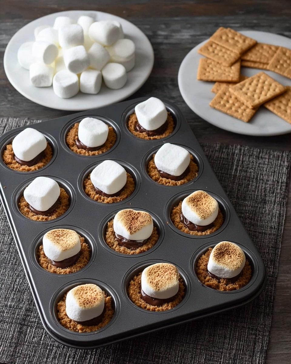 The image shows a dark muffin tray filled with s'mores bites. Each of the twelve muffin slots has three layers: at the bottom is a golden brown graham cracker crust, in the middle are small pieces of milk chocolate, and the top layer has a large white marshmallow. On the left side, the marshmallows are white and fresh, while on the right side, they are toasted lightly golden brown on top. Behind the tray, there is a white marbled surface with two white plates, one holding more marshmallows and the other with milk chocolate bars and more golden graham cracker squares. The overall setting is simple and neat with a textured dark surface under the tray. Photo taken with an iphone --ar 4:5 --v 7