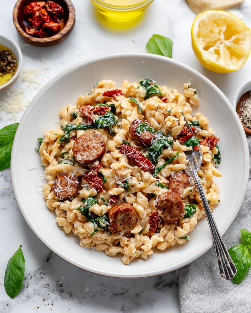 A white plate filled with a creamy pasta dish featuring small, twisted pasta in a light beige sauce. Scattered throughout are browned sausage slices with a slightly crispy outside, dark red sun-dried tomato pieces, and fresh green spinach leaves adding color contrast. A silver fork is twirling some pasta, partially resting on the plate. The background is a white marbled surface with a halved lemon and small bowls containing olive oil, sun-dried tomatoes, and grated cheese around the plate. Small green basil leaves and ground pepper are sprinkled lightly on the pasta. Photo taken with an iphone --ar 4:5 --v 7