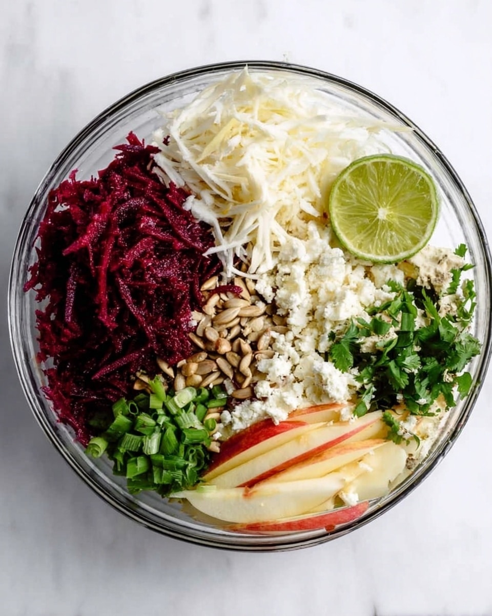 A clear glass bowl on a white marbled surface contains a colorful layered salad. One layer has thin white shreds, likely onions or cheese, positioned at the top left. Below and to the left are dark red, shredded beet pieces with a coarse texture. Near the top right of the bowl is a halved lime with a light green interior. To the right of the lime is a mix of white crumbled cheese and small green leaves. In the middle center of the bowl are sunflower seeds with a tan color and rough texture. Below the seeds are chopped green onions and fresh green herbs. On the bottom right are thin pale yellow apple slices with red skin stripes. The arrangement of the ingredients is neat, showing a range of soft, crunchy, and fresh textures. photo taken with an iphone --ar 4:5 --v 7