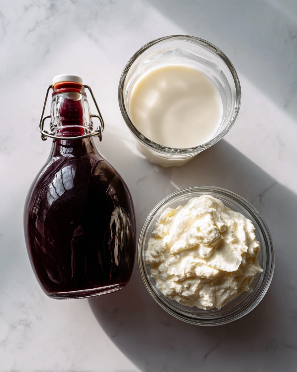 The image shows three items on a white marbled surface arranged in a loose triangle: at the top center is a clear glass filled partly with light creamy whole milk, to the right below it sits another clear glass with heavy whipping cream that is thicker and a bit whiter in color, and to the left below the milk glass is a transparent bottle with a dark purple liquid labeled lavender syrup. The bottle has a white cap with a metal clasp. The textures of the milk and cream appear smooth, while the syrup looks glossy inside the bottle. The lighting is bright and natural, highlighting the clear glasses and the liquid's colors. Photo taken with an iphone --ar 4:5 --v 7