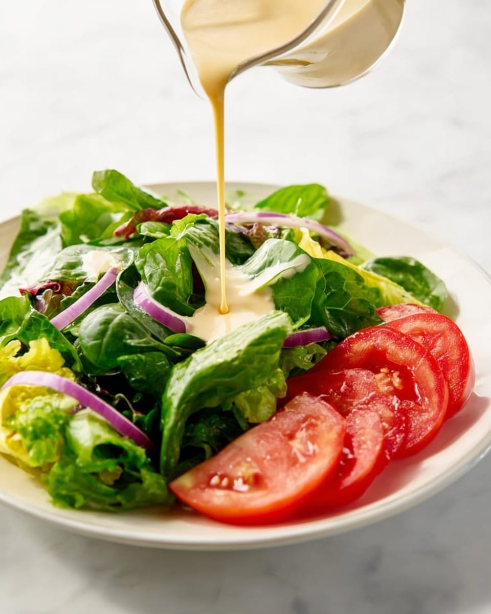 The image shows a white plate with a fresh green salad layered with bright green lettuce leaves, dark green spinach, purple-red onion rings, and two thick slices of red tomato on the right side. A light beige dressing is being poured over the salad from a clear container, creating a smooth, flowing texture. The background is a white marbled surface, and a woman's hand holds the container, visible near the top right corner. Photo taken with an iphone --ar 4:5 --v 7