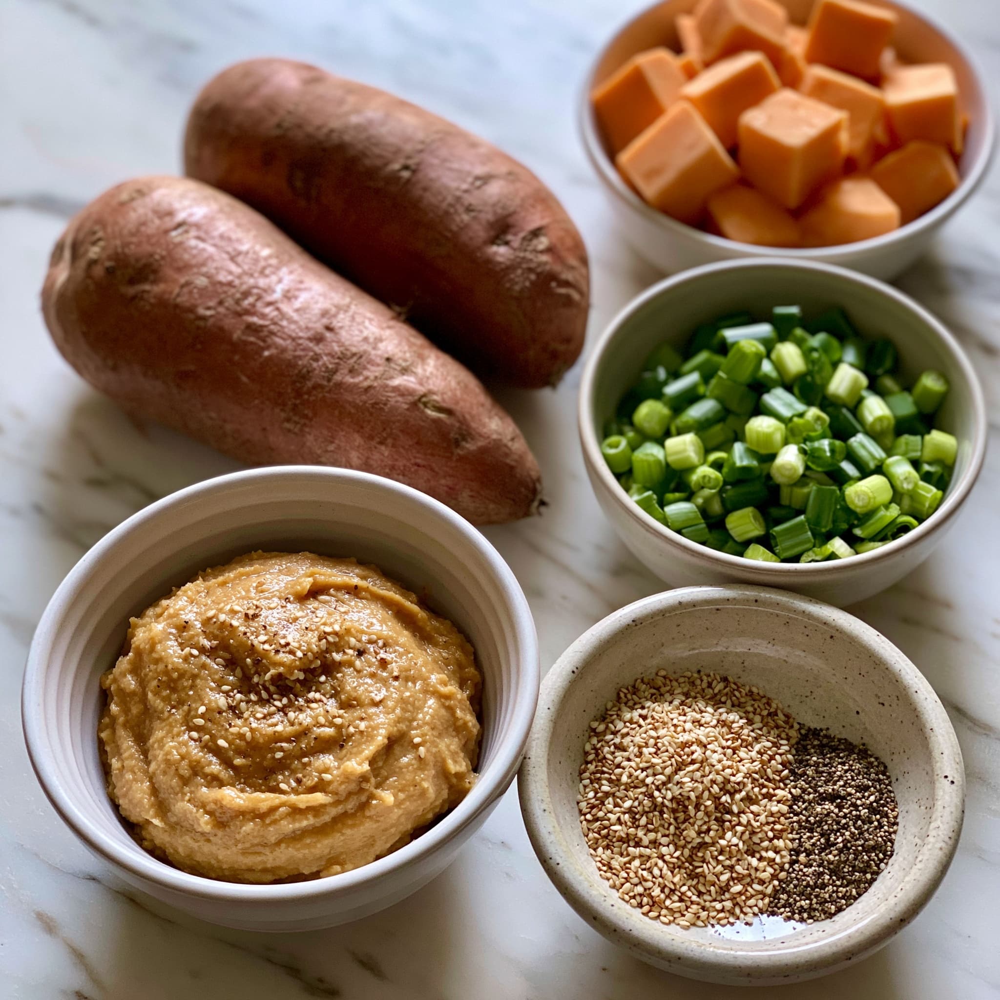 The image shows a close-up of two halves of a roasted sweet potato placed side by side on a wooden board. Each half has a smooth, bright orange layer of soft sweet potato inside the darker, slightly crispy brown skin. On top, there is a light, creamy sauce drizzled unevenly with a few thick spots. White sesame seeds are scattered over the top, adding small contrast dots, along with some thin green onion slices spread on different areas. The edges of the sweet potato skin are slightly darker from roasting, and the wooden board beneath gives a rustic feel, with a white marbled surface visible behind it. photo taken with an iphone --ar 4:5 --v 7