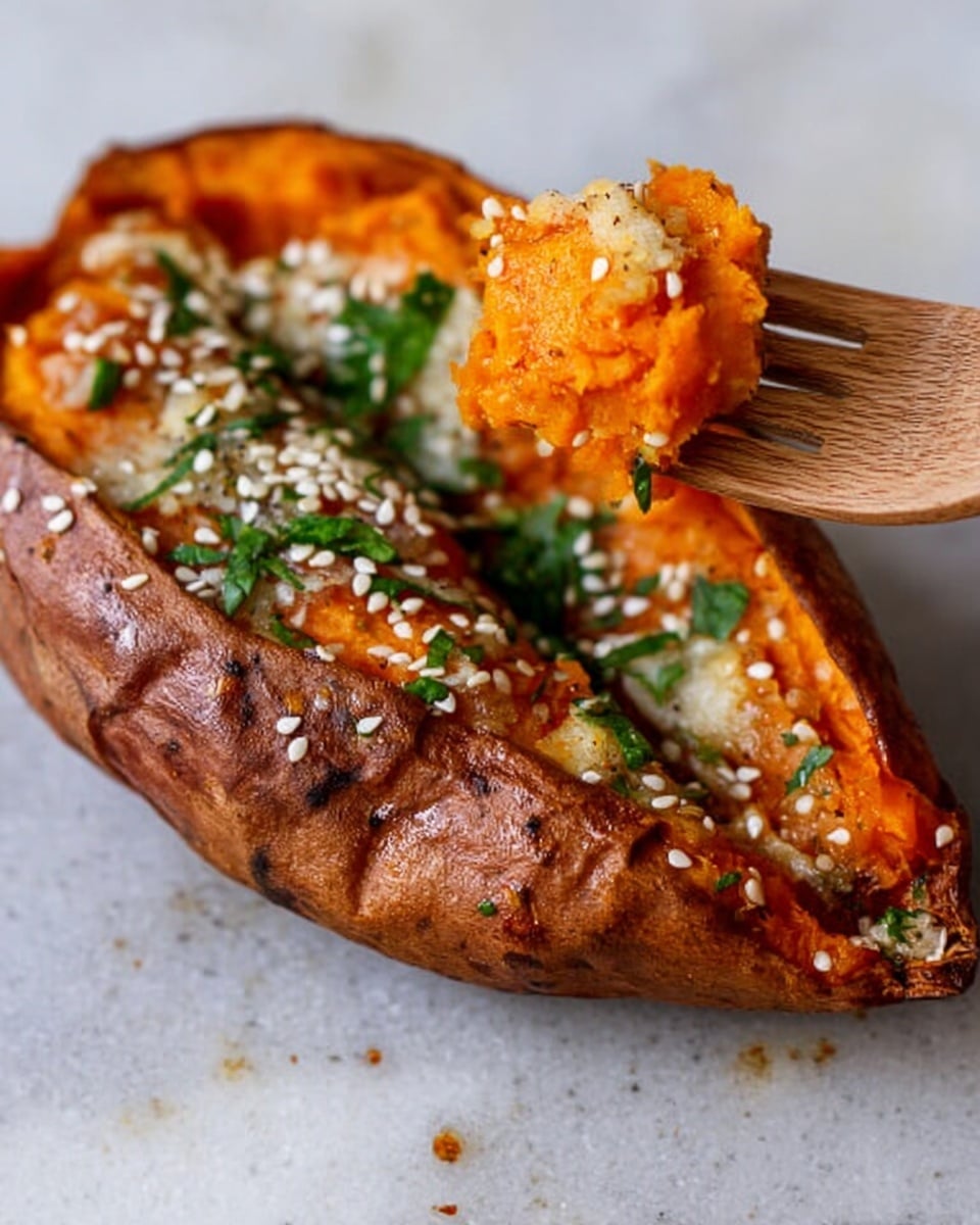 The image shows a roasted sweet potato that is sliced in half and placed on a white marbled surface. The sweet potato has a deep orange, soft inside with a slightly crispy dark brown skin on the outside. On top of the sweet potato, there are small white sesame seeds sprinkled evenly, melted butter dots, and small green herb pieces scattered lightly. A woman's hand is holding a wooden fork with some mashed sweet potato on it, lifting it off to the side. The overall colors are warm, with the orange sweet potato contrasting with the green herbs and white sesame seeds, set against the white marbled background. photo taken with an iphone --ar 4:5 --v 7