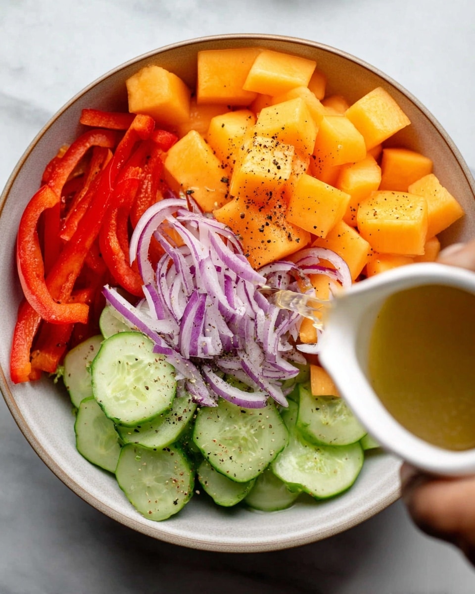 A white bowl filled with four layers arranged side by side: bright orange cubed cantaloupe on the right, thin red bell pepper strips on the top left, thin light purple red onion slices on the middle left sprinkled with black pepper, and light green cucumber slices at the bottom left also with a sprinkle of black pepper. A woman's hand is pouring a light dressing from a white cup into the bowl. The bowl is on a white marbled surface photo taken with an iphone --ar 4:5 --v 7