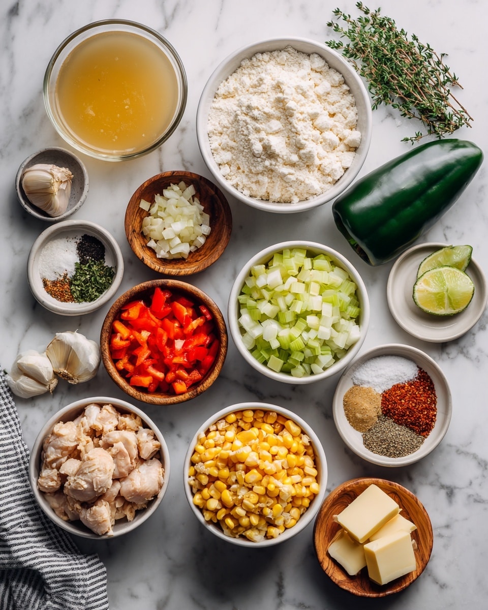 The image shows many white bowls and small wooden bowls arranged neatly on a white marbled surface, each filled with different cooking ingredients. Starting from the top left, there is a small clear bowl with light yellow chicken broth, next to it a white bowl with white flour, a white bowl with chopped green cilantro, and a white bowl with bright red bell pepper pieces. Below these, a small wooden bowl holds minced garlic, next to it is a white bowl with chopped light green celery, and to the right is a whole dark green poblano pepper. In the top right corner, there is a whole dark green thyme herb. Below the poblano pepper, a small wooden bowl is filled with bright yellow corn kernels, and next to it is a small wooden bowl with three slices of pale yellow butter. On the far right, a white bowl contains a mix of spices including white salt, black pepper, red chili powder, and brown cumin. Towards the bottom middle, there is a white bowl with diced white onion and another white bowl with shredded pale chicken. A small white bowl with light green lime juice sits near the celery. On the left edge of the surface, a white and black striped kitchen towel is partially visible. photo taken with an iphone --ar 4:5 --v 7