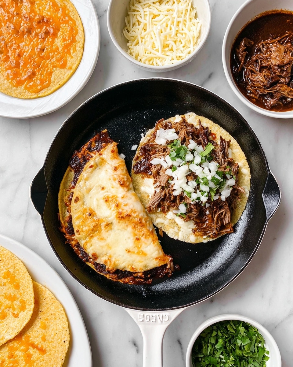 In a black cast iron pan with a white handle on a white marbled surface, two corn tortillas are cooking; the left one is folded in half showing melted golden cheese and bits of dark browned meat inside, while the right one is open with a base layer of melted white cheese, topped with shredded dark brown meat, small white chopped onions, and green cilantro leaves. Around the pan, there are white bowls containing shredded white cheese, dark brown shredded meat in sauce, chopped white onions, a small bowl of chopped green cilantro, and a white plate holding more corn tortillas lightly brushed with orange sauce. Photo taken with an iphone --ar 4:5 --v 7