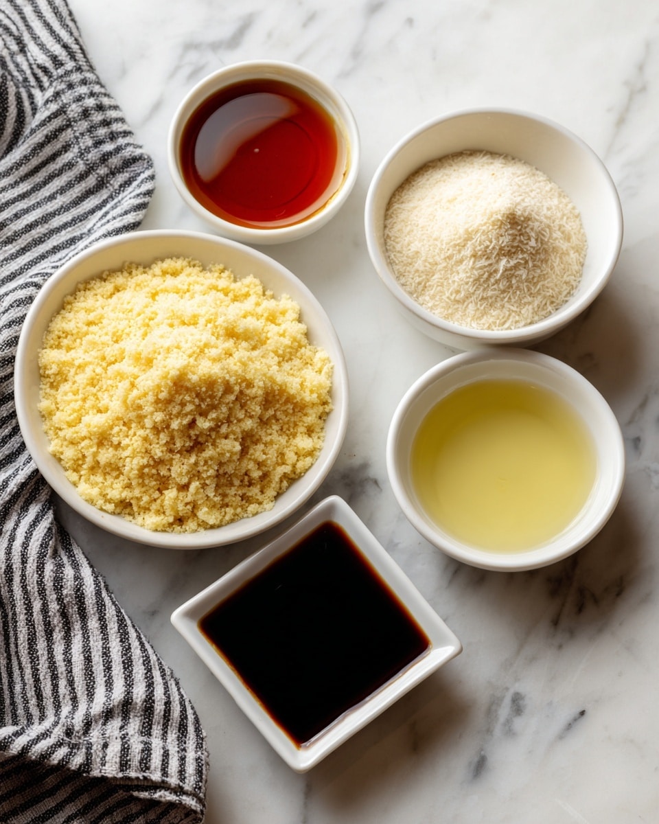 The image shows six small white dishes arranged on a white marbled surface. One round dish contains light yellow coconut flour with a fine texture. Next to it, a round dish holds a dark amber maple syrup with a smooth surface. A small square dish in front features dark vanilla extract with a shiny, liquid look. Behind it is a round white dish with a clear, pale yellow coconut oil that looks slightly thick. Another round white dish contains off-white almond flour with a powdery texture. A black and white striped cloth is partially visible on the left side. The photo taken with an iphone --ar 4:5 --v 7
