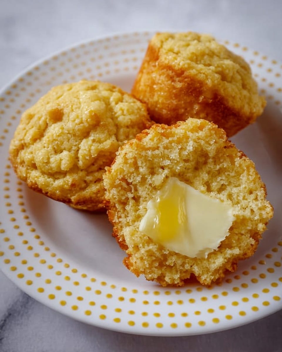 The image shows a white plate with yellow dotted lines along the edge, holding three small corn muffins, one of which is split open with a slice of melted butter on the bottom half. The muffins are golden brown with a crumbly texture, arranged close to each other on the plate which sits on a white marbled surface. Photo taken with an iphone --ar 4:5 --v 7
