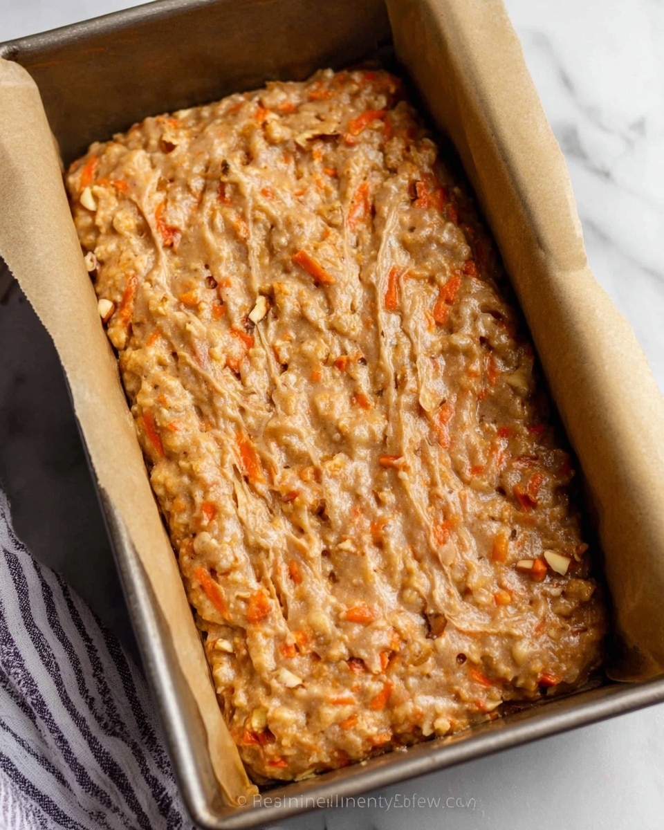 The image shows a rectangular metal baking pan lined with parchment paper, filled with thick, textured carrot cake batter. The batter is a mix of light brown and orange colors with visible pieces of grated carrot and small nut bits spread evenly across the surface. The top has a slightly shiny, moist appearance with natural ridges and swirls where the batter was spread. The pan is set on a white marbled surface with a striped cloth partially visible on the side. Photo taken with an iphone --ar 4:5 --v 7