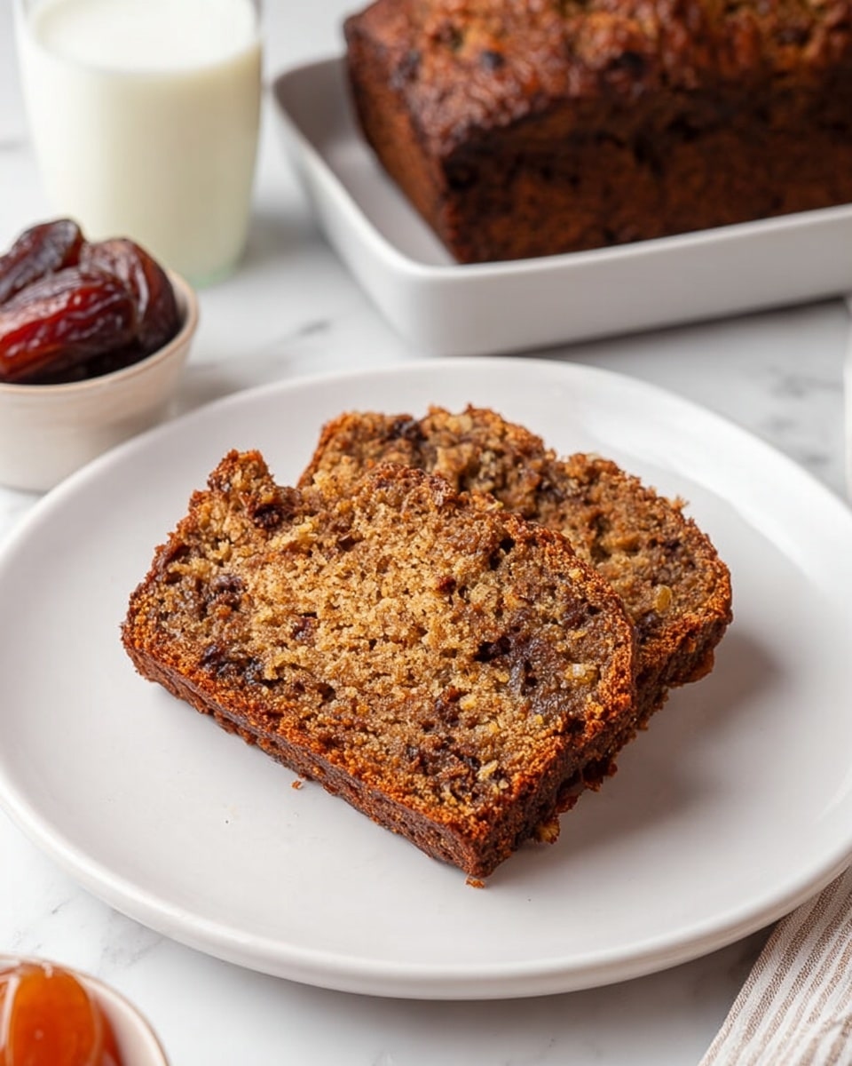 A single thick slice of brown loaf cake sits in the center of a white plate, showing a moist texture with small dark chunks mixed throughout. The edges are slightly darker and crispy, contrasting the soft crumb inside. Behind the plate, a rectangular white tray holds a larger part of the same loaf with a similar rough and textured dark brown crust. To the left, a clear glass with white milk is partially visible, and in the lower left corner, a white bowl with glossy amber and dark brown dates adds warm color. All items rest on a white marbled surface. Photo taken with an iphone --ar 4:5 --v 7