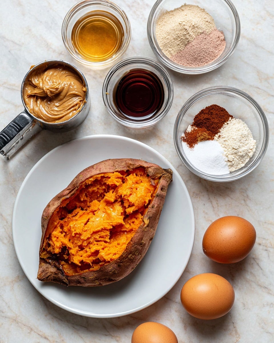 The image shows a white plate holding a baked sweet potato with its skin cracked open, revealing bright orange, soft, and mashed inside flesh with a rough texture. Around the plate, six cooking ingredients are arranged on a white marbled surface: a metal measuring cup filled with creamy, light brown peanut butter; a small glass bowl with a light amber liquid; a round white bowl with black edges holding four different powders – white, pink, brown, and beige – separated in quarters; a small glass bowl with dark syrup; and three brown eggs with smooth shells. The setup is neat and bright, with natural lighting. photo taken with an iphone --ar 4:5 --v 7