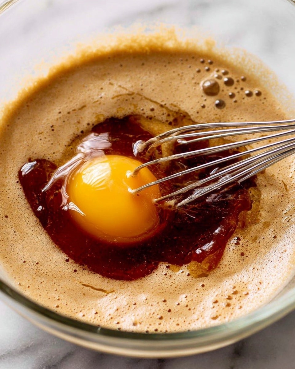 A close-up view of a glass bowl with three layers of ingredients: the bottom layer is a light brown foamy mixture, the middle layer is a raw egg yolk with a shiny smooth surface, and the top layer includes a dark amber liquid swirled around the egg. A metal whisk with thin wires is placed inside the bowl, touching the foamy mixture. The bowl sits on a white marbled surface. Photo taken with an iphone --ar 4:5 --v 7