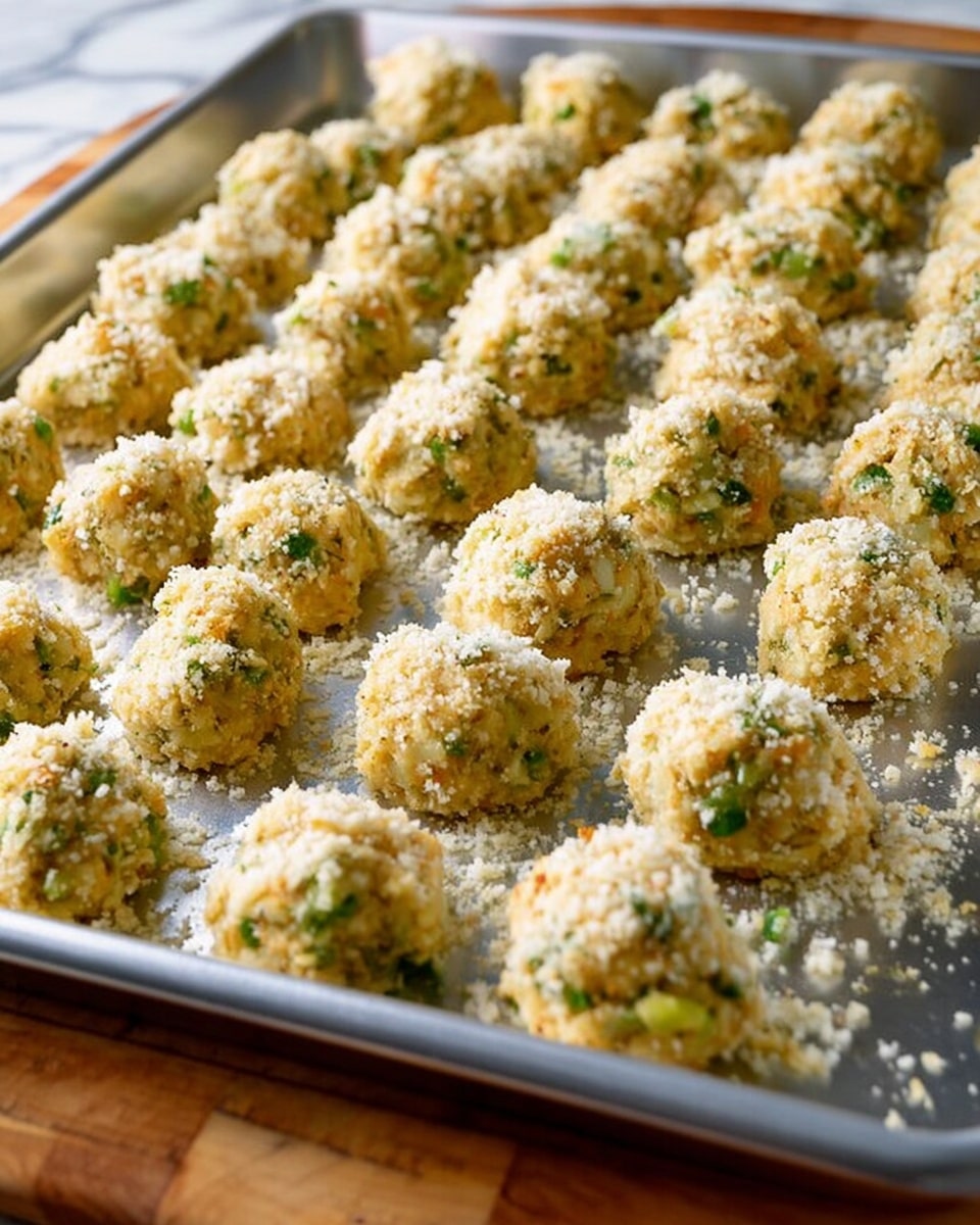 The image shows a baking sheet filled with small, rough-shaped balls of a dough-like mixture evenly spaced in rows. Each piece is light yellow with visible small green bits mixed in, topped lightly with a white crumbly coating, likely cheese or breadcrumbs. The baking sheet is silver and rests on a wooden edge with a white marbled surface underneath. The lighting is natural, showing the textures clearly and the baking sheet fills most of the frame photo taken with an iphone --ar 4:5 --v 7