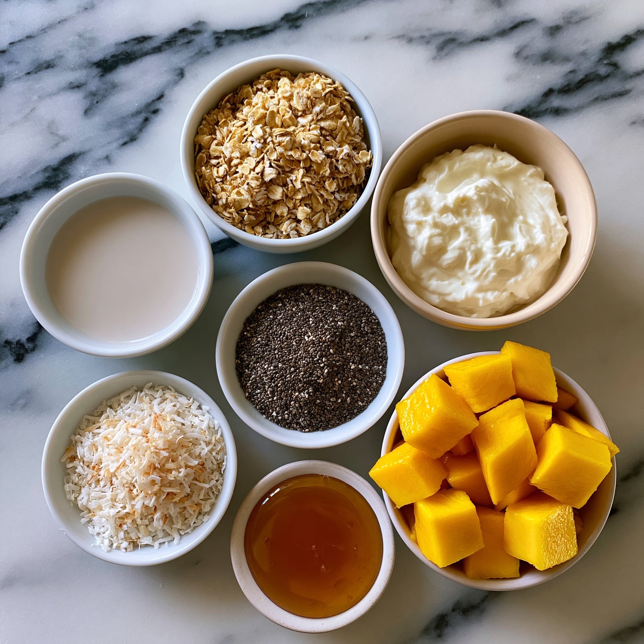 Two glass jars filled with layers of white chia pudding speckled with tiny black chia seeds and bright yellow mango chunks. Each jar has several layers, starting with a bottom layer of mango pieces, followed by a thick layer of chia pudding, then another layer of mango, and topped with a thick layer of chia pudding crowned with mango cubes and sprinkled with small seeds. In the background, there is a whole mango and half a mango carved into cubes on a white marbled surface with a white cloth featuring small cherry patterns. A golden spoon is placed behind the jars. Photo taken with an iphone --ar 4:5 --v 7
