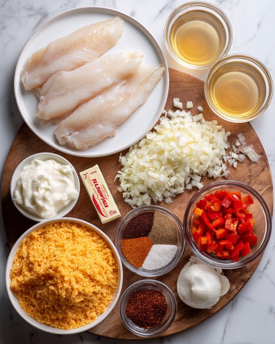 The image shows raw catfish fillets, three pale off-white pieces with a slight shine, placed on a round white plate at the top left. Next to the plate on the right are two glass measuring cups filled with light golden chicken broth. Below these, a wooden board holds various ingredients: a white measuring cup filled with shredded light orange smoked gouda cheese, a pile of chopped white onion pieces, and a pile of bright red chopped bell pepper. Nearby are a small clear bowl with dark brown and reddish blackened seasoning powder, a small pile of finely chopped white garlic, a clear glass container with white half and half cream, and a slightly larger glass container filled with white heavy cream. To the left side on the board is a small glass bowl containing a mix of garlic powder, onion powder, salt, black pepper, and cayenne pepper, and a small solid stick of yellow butter in its wrapper with a red label. At the bottom left sits a white bowl filled with dry bright yellow grits. All items are set on a white marbled texture surface photo taken with an iphone --ar 4:5 --v 7