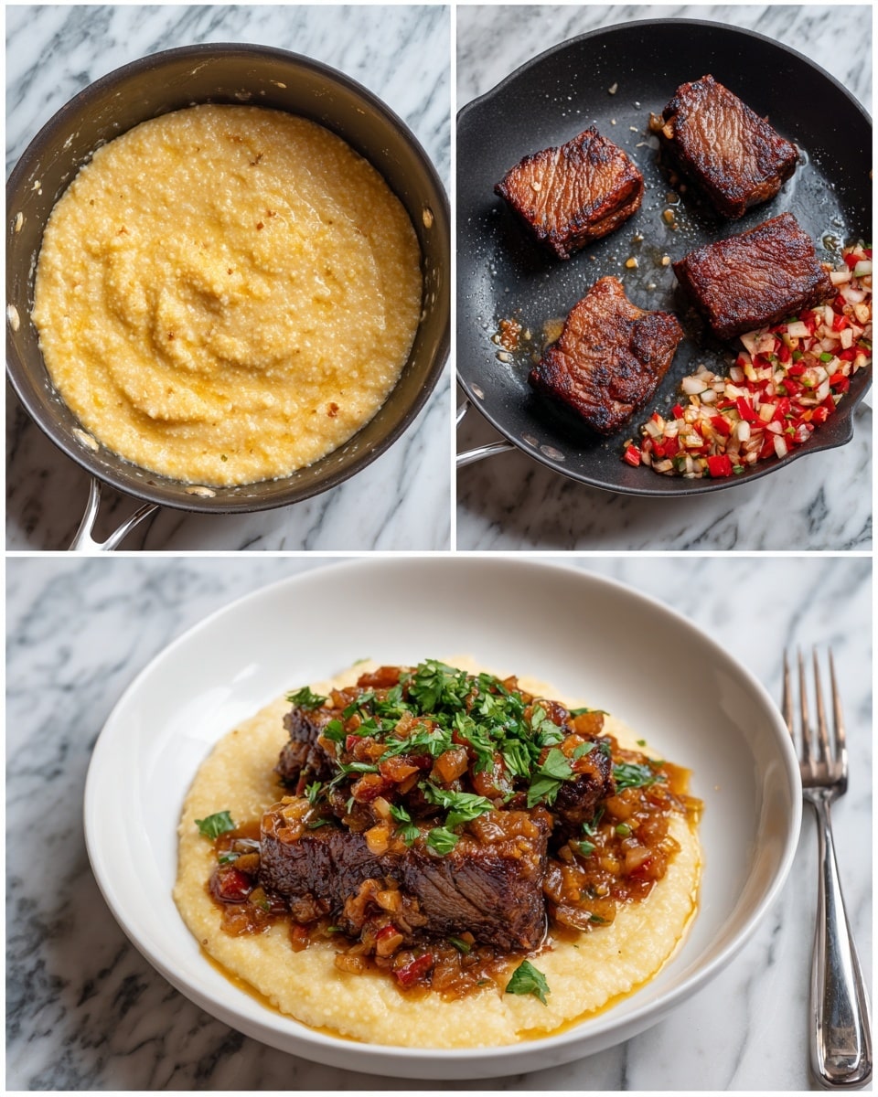 The dish is shown in four steps: first, a pot filled with a thick, creamy, yellow mixture with a slightly grainy texture, likely a base or porridge; second, a black pan holding four seasoned and browned pieces of meat frying in oil, the surface crispy and richly colored; third, diced red and white vegetables sautéing in a pan with oil, showing a mix of shiny, cooked pieces; fourth, the final plated dish featuring a white plate with a bed of creamy yellow mixture, topped with a browned piece of meat covered in a chunky, brown sauce with bits of vegetables or spices, garnished with fresh green chopped herbs, all set on a white marbled surface with a fork and napkin nearby photo taken with an iphone --ar 4:5 --v 7