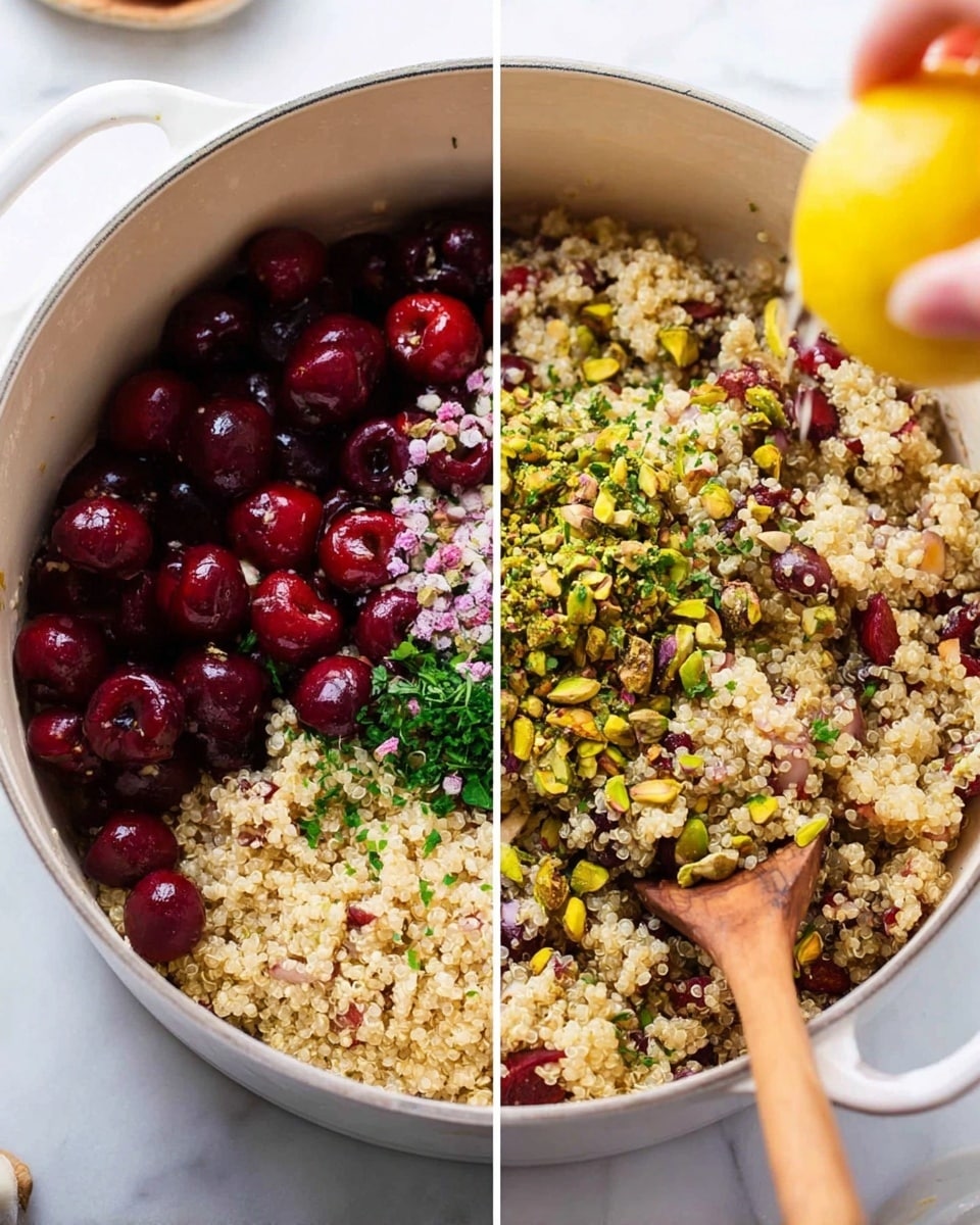 The image shows a white pot with quinoa salad in two stages. On the left side, the pot contains five clear layers: a bottom layer of light beige quinoa, topped with dark red halved cherries on the left, brown-green whole pistachios on the right, finely chopped pale purple onions near the bottom, and chopped fresh green herbs evenly spread on the right; a woman's hand is squeezing bright yellow lemon juice over the ingredients. On the right side, the pot is filled with a mixed quinoa salad where all ingredients blend into a mix of beige quinoa with scattered dark red cherry pieces, green pistachios, and bits of herbs, with a wooden spoon scooping some. The background features a white marbled surface. Photo taken with an iphone --ar 4:5 --v 7