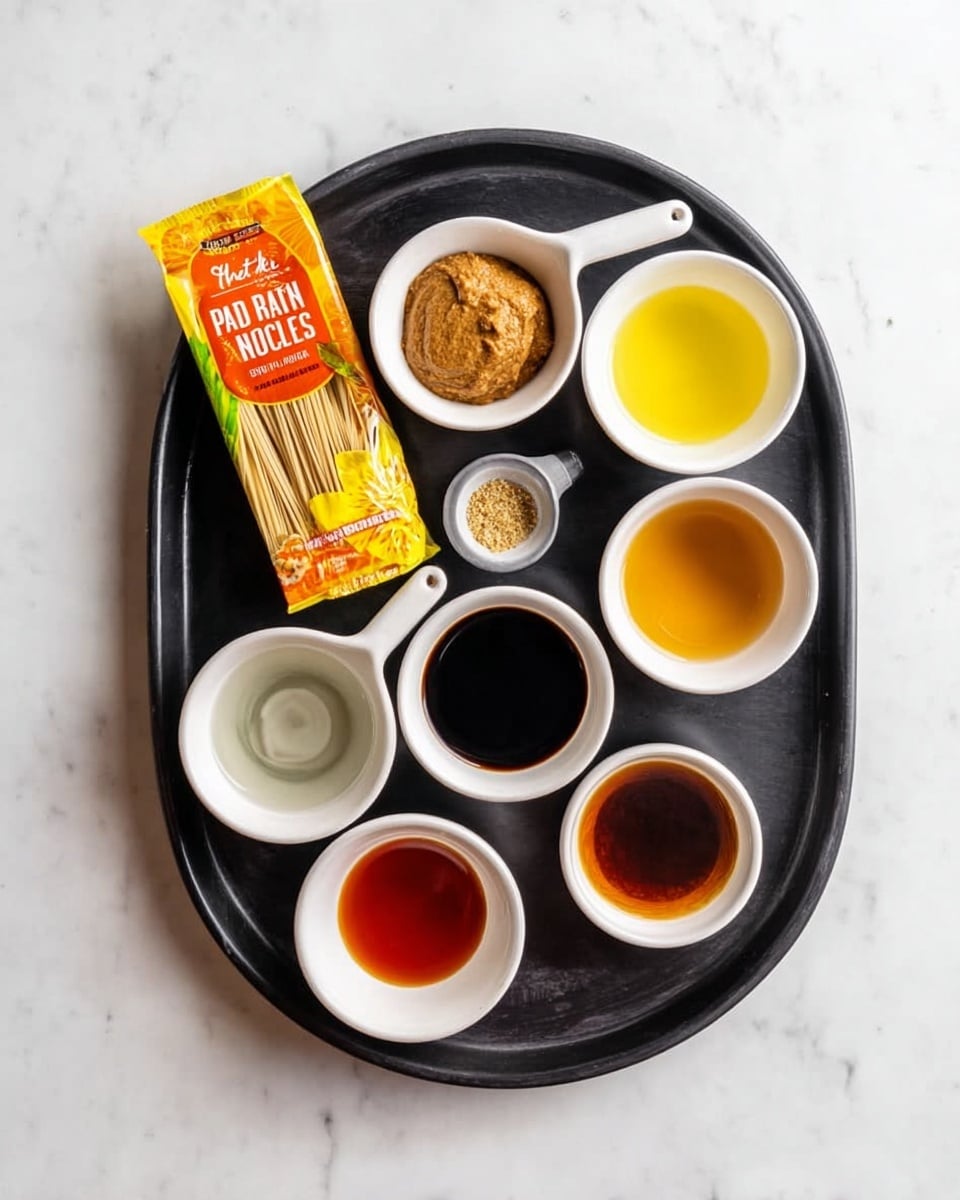 A black metal tray sits on a white marbled surface, holding several small white bowls and a yellow package of Pad Thai rice noodles. The package is positioned on the left side, vertically placed, featuring bright yellow and orange colors with text. Surrounding it are eight small white bowls and a small white measuring cup filled with various ingredients: a light brown thick paste in the cup at center, bright yellow liquid in a bowl at the top right, dark soy sauce in a bowl below the measuring cup, reddish sauce in a bowl at bottom right, clear water in a bowl at bottom left, and other light-colored liquids in the remaining bowls. The tray’s layout is neat, ingredients spaced evenly to showcase each one clearly. Photo taken with an iphone --ar 4:5 --v 7