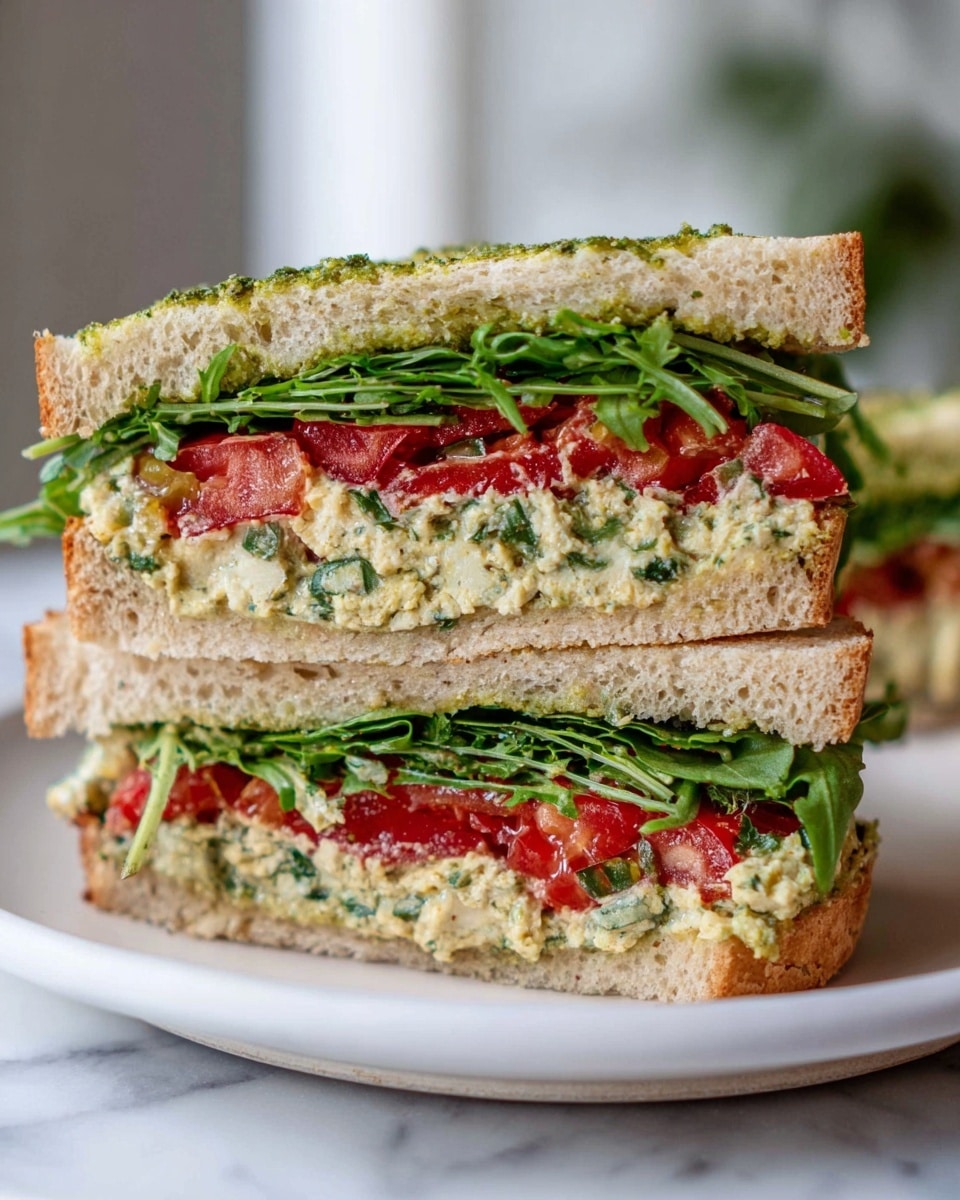 The image shows a close-up of a sandwich cut in half and stacked, placed on a white plate with a white marbled surface underneath. The sandwich has three main layers between two soft, light brown sandwich breads with a slightly crispy crust. The bottom layer is a green spread that looks like pesto, followed by slices of red tomato. Above the tomatoes is a thick, creamy layer mixed with chopped herbs or greens, topped with a fresh, dense layer of leafy spinach or arugula. The top slice of bread has a thin spread of green pesto on its underside. The colors are fresh and natural, emphasizing greens and reds. Photo taken with an iphone --ar 4:5 --v 7
