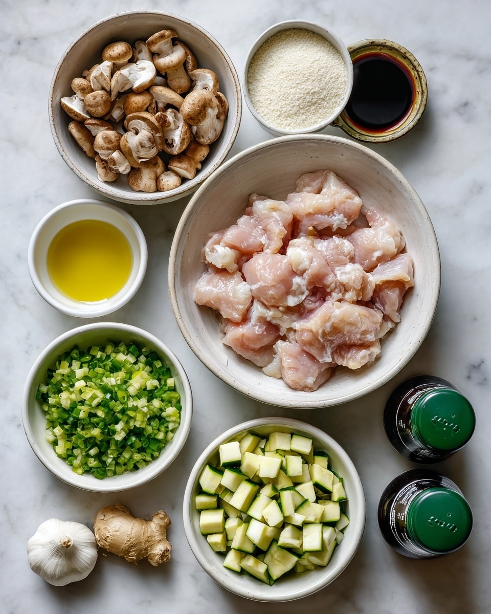 The image shows several small white bowls and bottles placed on a white marbled surface. There is one bowl in the center with light pink pieces of raw chicken. Above that, a small bowl contains white corn starch powder. To the left, a white bowl filled with small chopped mushrooms is placed. Below the mushrooms, there are three cloves of garlic and a small piece of ginger. To the bottom left, a white bowl is filled with chopped green zucchini pieces. A small bowl with a light yellow oil sits near the top left corner. Two bottles are positioned on the right side: one with a green cap labeled soy sauce and the other with a green cap on the bottom right labeled sesame oil. The whole arrangement looks neat and colorful. Photo taken with an iphone --ar 4:5 --v 7