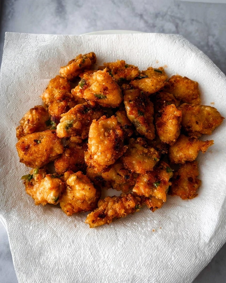A pile of small, golden-brown fried pieces with a crispy texture is placed on a white paper towel that covers a white plate. The fried pieces have uneven shapes and some green bits scattered inside. The plate rests on a white marbled surface. The lighting highlights the crunchy and slightly oily coating on the cooked pieces. photo taken with an iphone --ar 4:5 --v 7