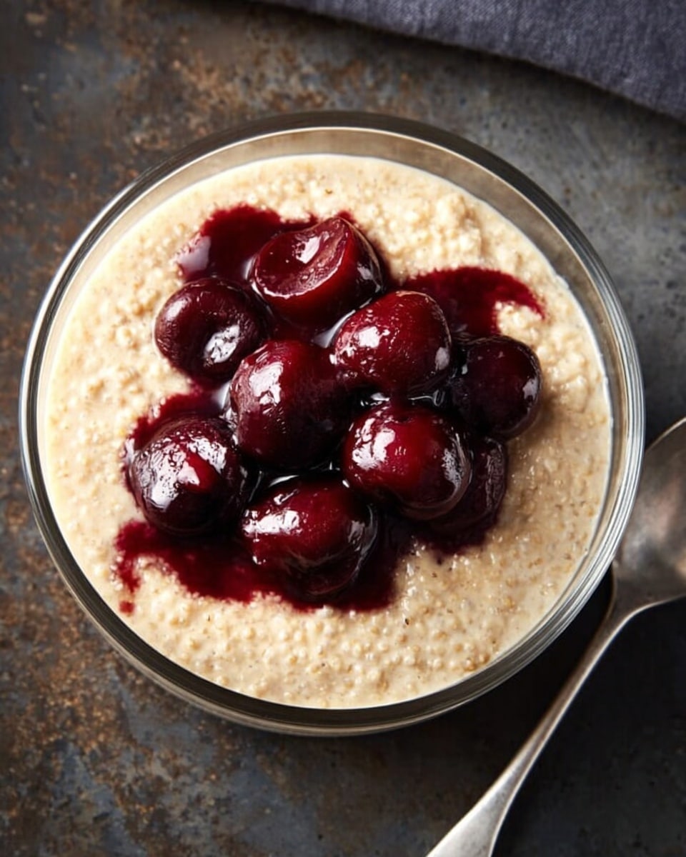 A clear round bowl filled with one layer of light beige, creamy textured pudding with small grains visible throughout. On top, there is a cluster of five dark red cherries soaked in deep purple-red syrup, creating a rich, glossy contrast against the pale pudding. The bowl sits on a dark, worn surface with a silver spoon placed beside it on the right. photo taken with an iphone --ar 4:5 --v 7