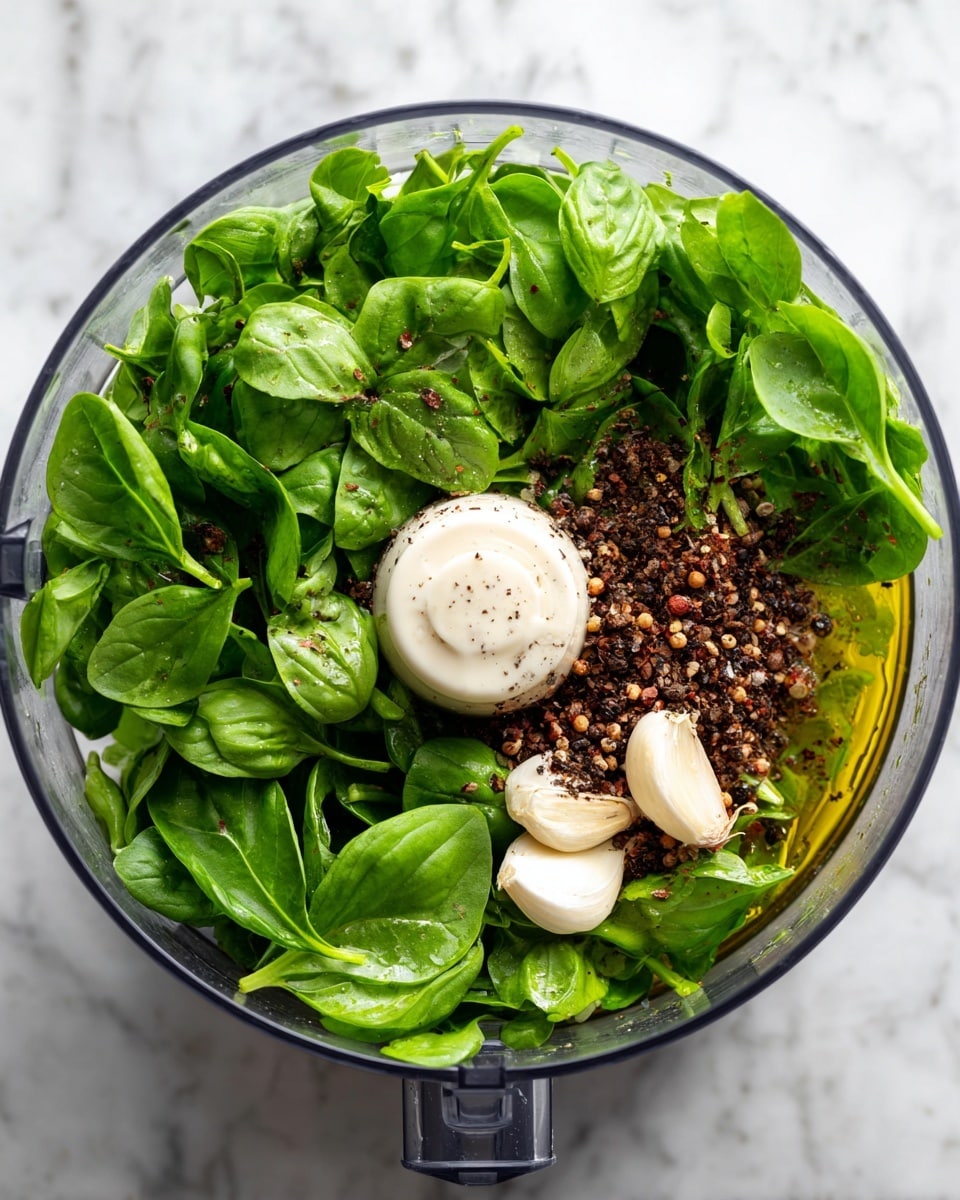 A top view of a clear food processor bowl filled with fresh green basil leaves mostly on the left side, and a few brown and black spices sprinkled on the right side, along with a whole white garlic clove and a pool of golden oil. The base of the bowl holds a sharp metal blade visible in the center, surrounded by the ingredients. The bowl rests on a white marbled surface. Photo taken with an iphone --ar 4:5 --v 7
