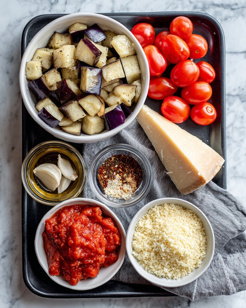 The image shows a black tray on a white marbled surface, holding several white bowls and small glass containers with fresh ingredients. In the top left, a white bowl is filled with chopped eggplant pieces showing purple and cream colors. To the right, a wedge of parmesan cheese rests on a grey cloth. Near the cheese, a bunch of bright red grape tomatoes are grouped next to a few cloves of garlic. Below the tomatoes, there is a white bowl filled with finely chopped red pepper. In the bottom left corner on the tray, a small glass cup contains smooth red passata sauce, while next to it a tiny glass bowl holds a mix of sugar, garlic and onion powder, red chili flakes, and oregano in powder form. To the left of the tray on the marble surface, there is a cup with pale yellow breadcrumbs. The overall look is clean and colorful, showing fresh, chopped vegetables and seasoning ingredients. photo taken with an iphone --ar 4:5 --v 7