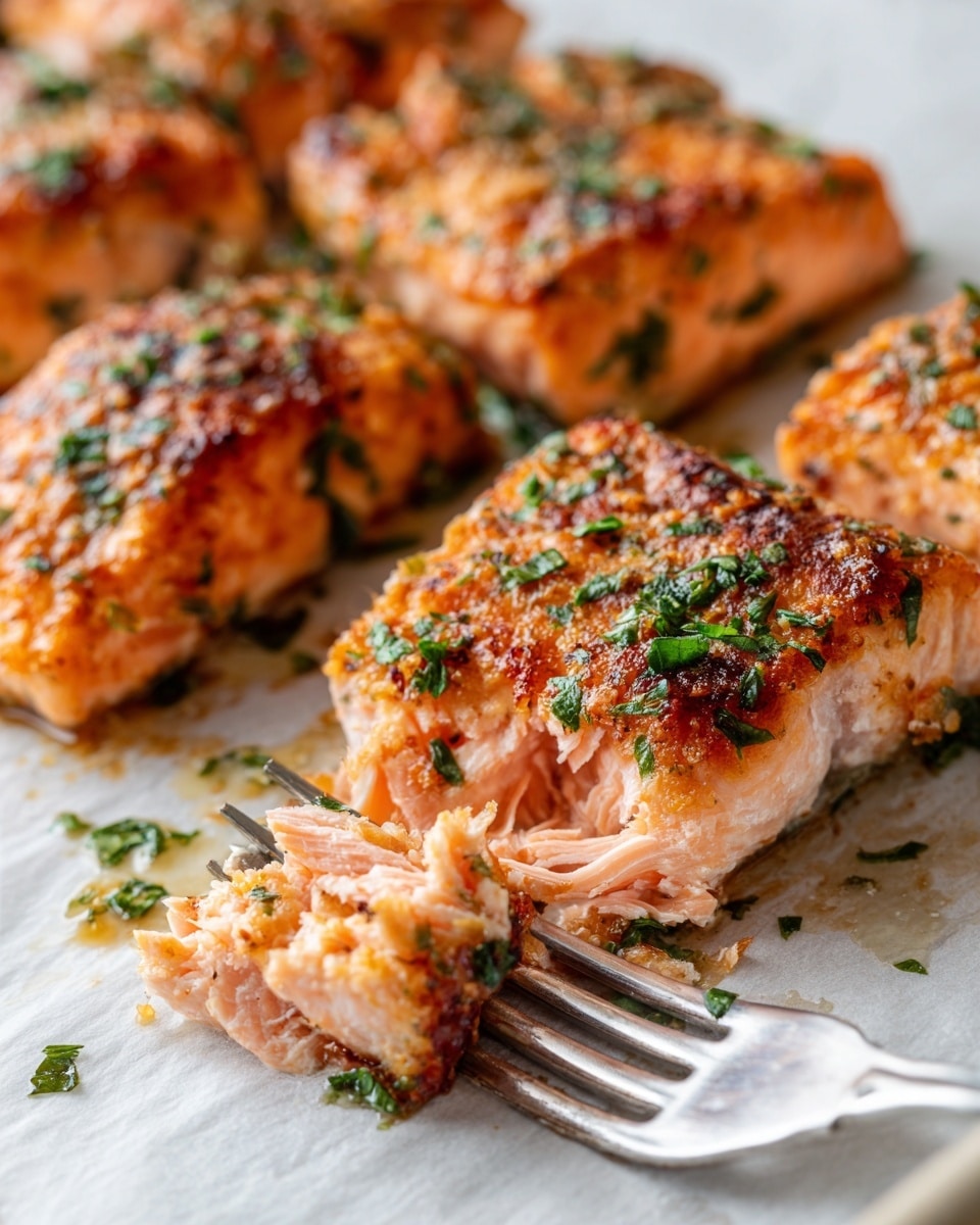 The image shows a close-up of several pieces of cooked salmon with a golden-brown, crispy top layer sprinkled with green herbs. The flaky pink flesh inside is exposed, revealing texture and moisture. A silver fork is breaking the salmon into smaller pieces on a white paper-lined baking pan or dish. The background is a white marbled surface, adding brightness to the scene. The overall look is fresh, cooked salmon with a nice crust and tender inside, garnished with green herbs photo taken with an iphone --ar 4:5 --v 7