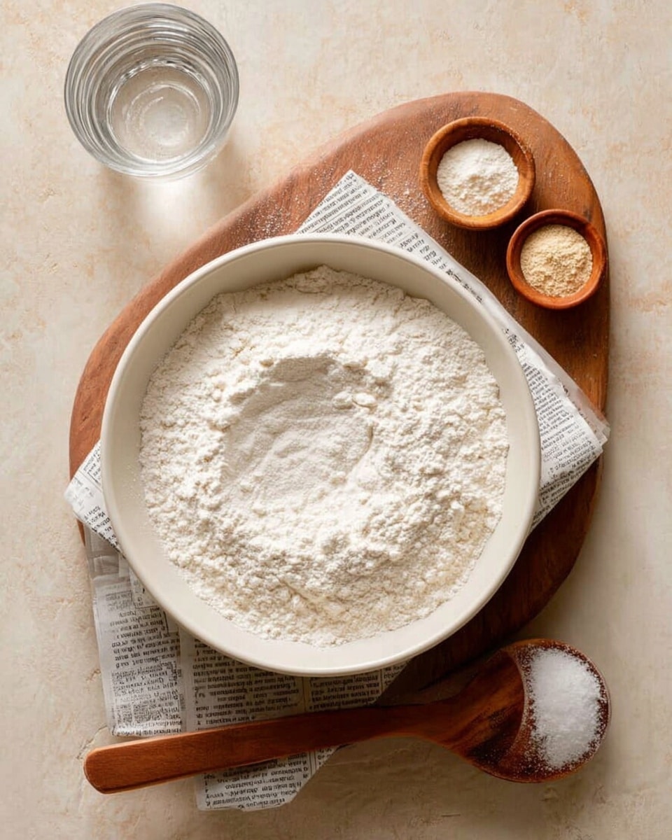 A white bowl filled with a layer of fine white flour is placed on top of folded newspapers and a wooden chopping board, all on a beige surface. Above the bowl, two small wooden spoons filled with white salt and light brown yeast powder are positioned side by side. To the top left of the bowl, there is a clear glass of water. The scene has soft natural lighting with a simple, clean look. Photo taken with an iphone --ar 4:5 --v 7