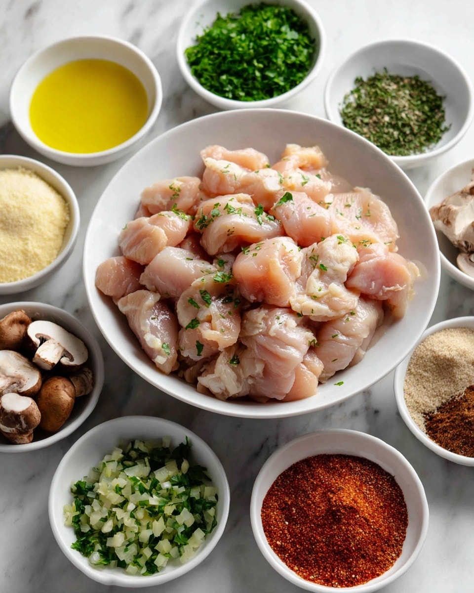 In this image, a white bowl filled with light pink boneless chicken thighs sits in the center on a white marbled surface. Surrounding the bowl are smaller white bowls arranged in a circle, each containing a different ingredient: light yellow olive oil, fine off-white onion powder, pale yellow butter, finely chopped dark green fresh parsley, chopped medium green bell peppers, granulated white salt, finely chopped light brown shallots, diced light and dark brown mushrooms, reddish-brown Italian seasoning with paprika and pepper, and light beige garlic powder, with minced light yellow garlic. The colors and textures stand out against the clean white marbled background. photo taken with an iphone --ar 4:5 --v 7