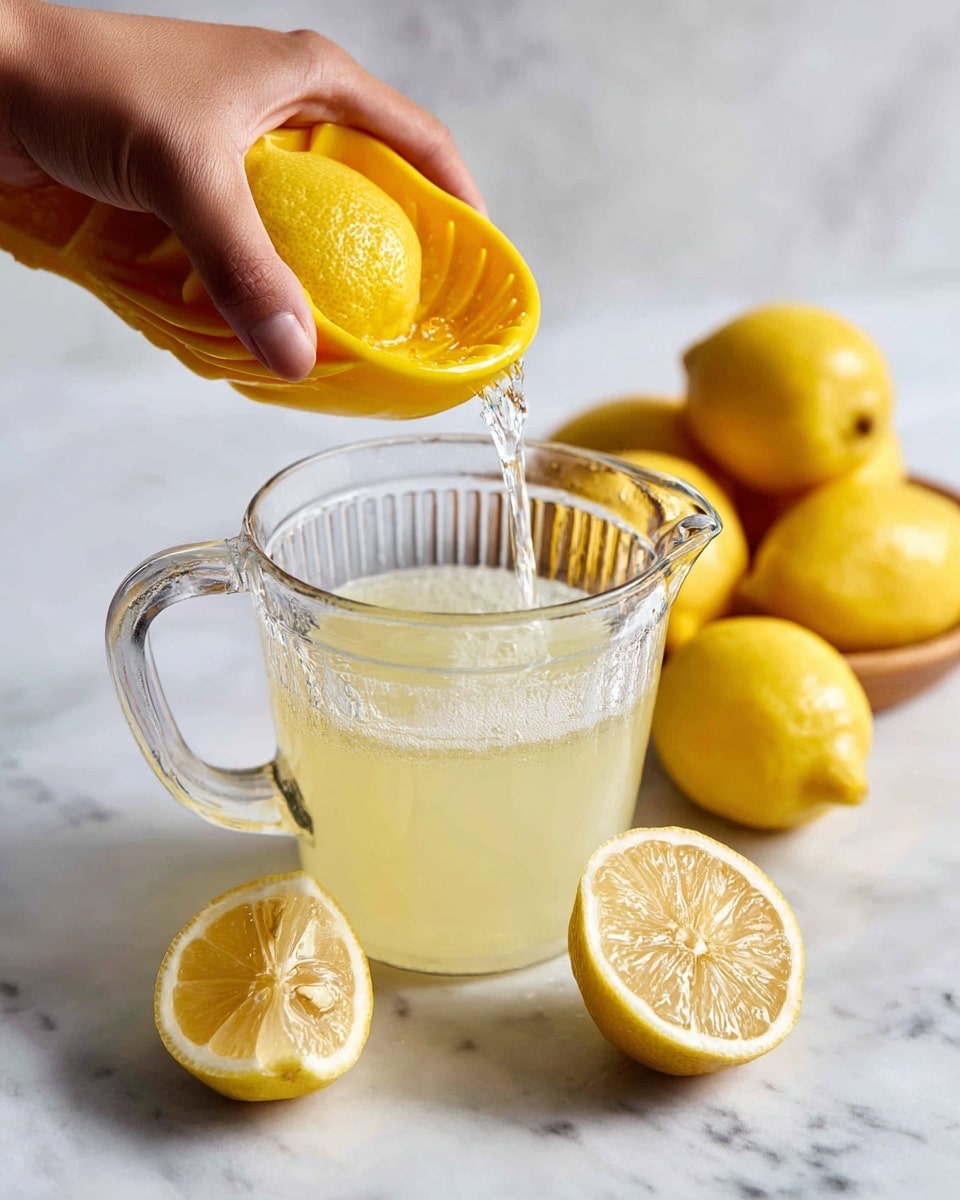 A transparent measuring jug with clear lemon juice filling about one-third of the way, being squeezed by a yellow plastic lemon squeezer held by a woman's hand. There are two whole lemons on a white marbled surface, one halved lemon is next to the jug, and the background has a bright white marbled look. The scene is clean and fresh with natural light. Photo taken with an iphone --ar 4:5 --v 7