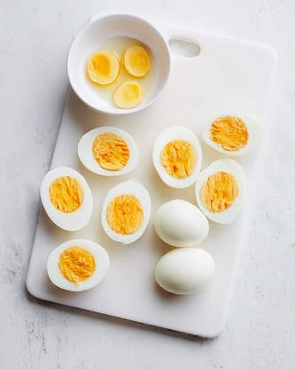 A white cutting board on a white marbled surface holds several hard-boiled eggs, some whole and some cut in half showing bright yellow yolks with smooth white edges. To the side, there is a small white bowl containing two hard-boiled egg yolks. The eggs and bowl are arranged neatly with soft natural lighting. photo taken with an iphone --ar 4:5 --v 7