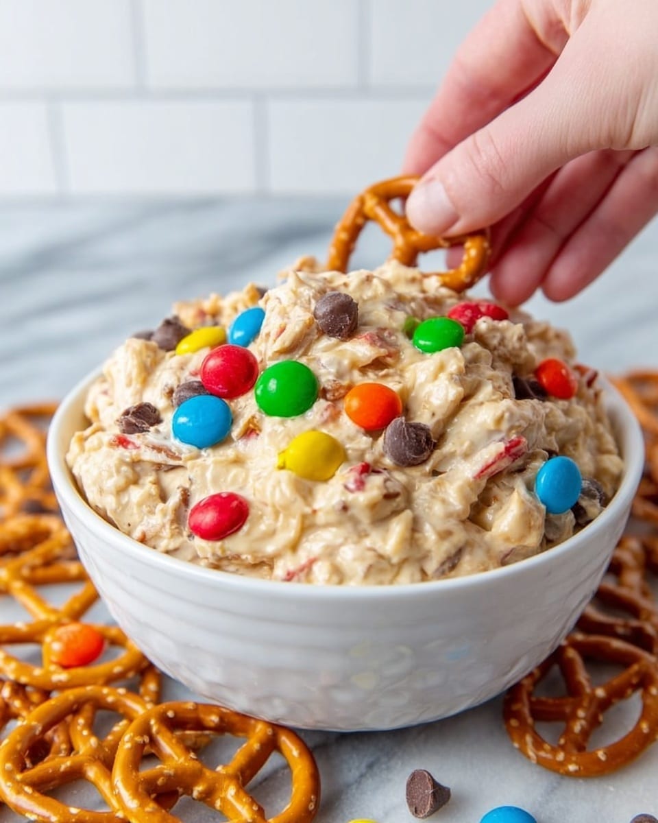 A white bowl filled with a thick, creamy snack mix that has a light tan color. Scattered throughout the mix are colorful candy-coated chocolates in red, blue, yellow, orange, and green, along with small dark brown chocolate chips. On top, a woman's hand is holding a small, twisted pretzel partially dipped into the creamy mix. Around the bowl are more small twisted pretzels spread out on a white marbled surface. The background features soft white subway tiles. Photo taken with an iphone --ar 4:5 --v 7