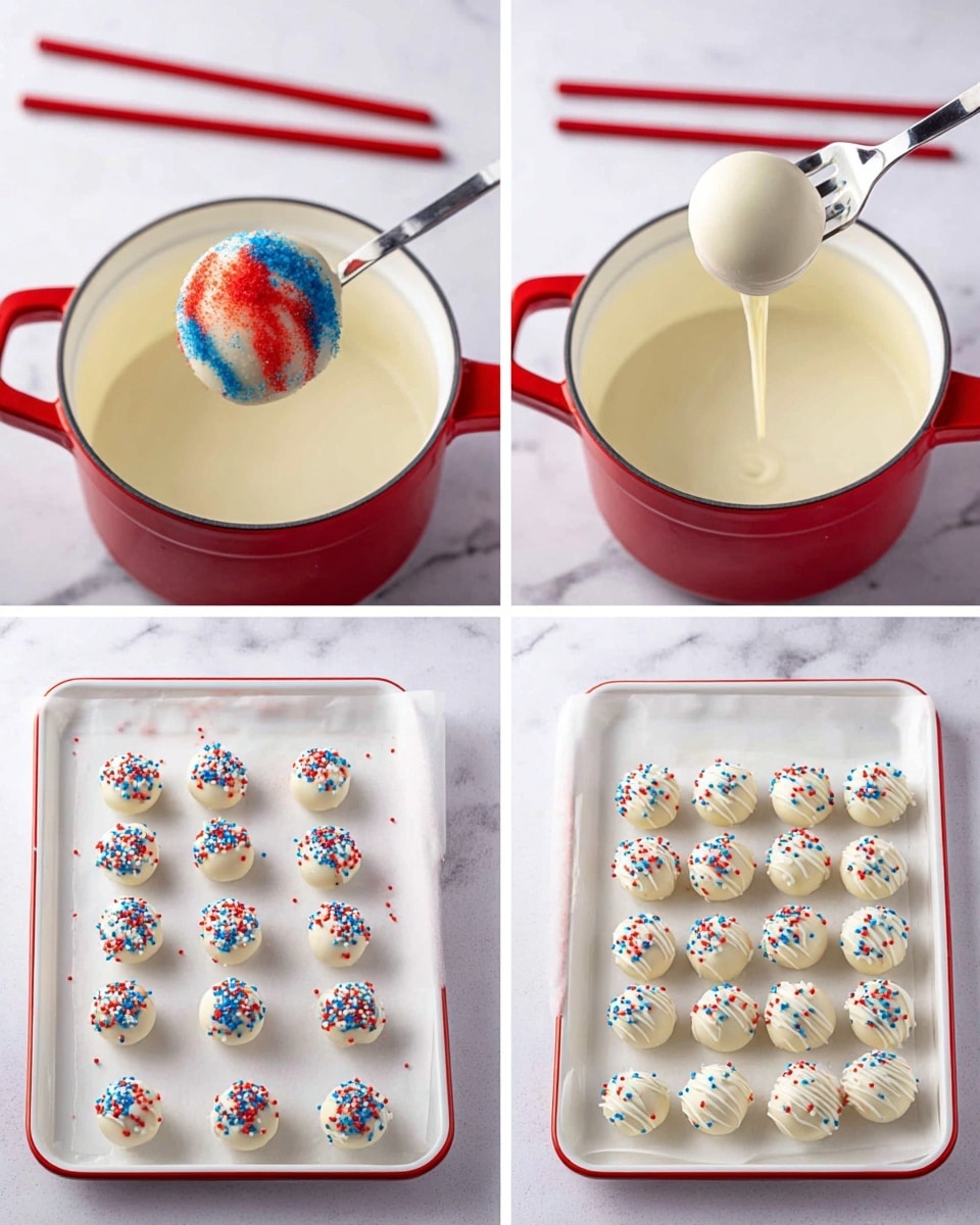 The image shows a four-step process of making colorful cake balls covered in white coating. The first layer features a fork holding a cake ball with red, blue, and yellow swirls, being dipped into a pot of smooth white coating on a white marbled surface, with similar cake balls and red chopsticks scattered around. The second layer shows the fork lifting a fully coated smooth white ball from the pot. The third layer displays a white tray lined with parchment paper holding 15 round balls covered evenly in white coating, arranged in a grid. The fourth layer shows the same white tray with the balls topped and surrounded by red, blue, and white star-shaped sprinkles, and white drizzled decoration on and around the balls. Photo taken with an iphone --ar 4:5 --v 7
